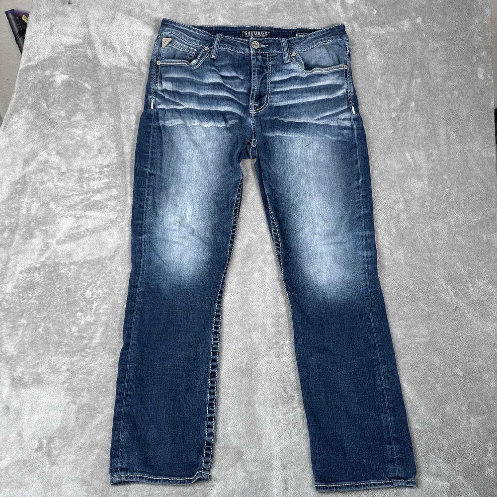 Salvage Jeans Mens 36x32 Mayhem Straight Regular Fit Blue Stretch Dark Buckle